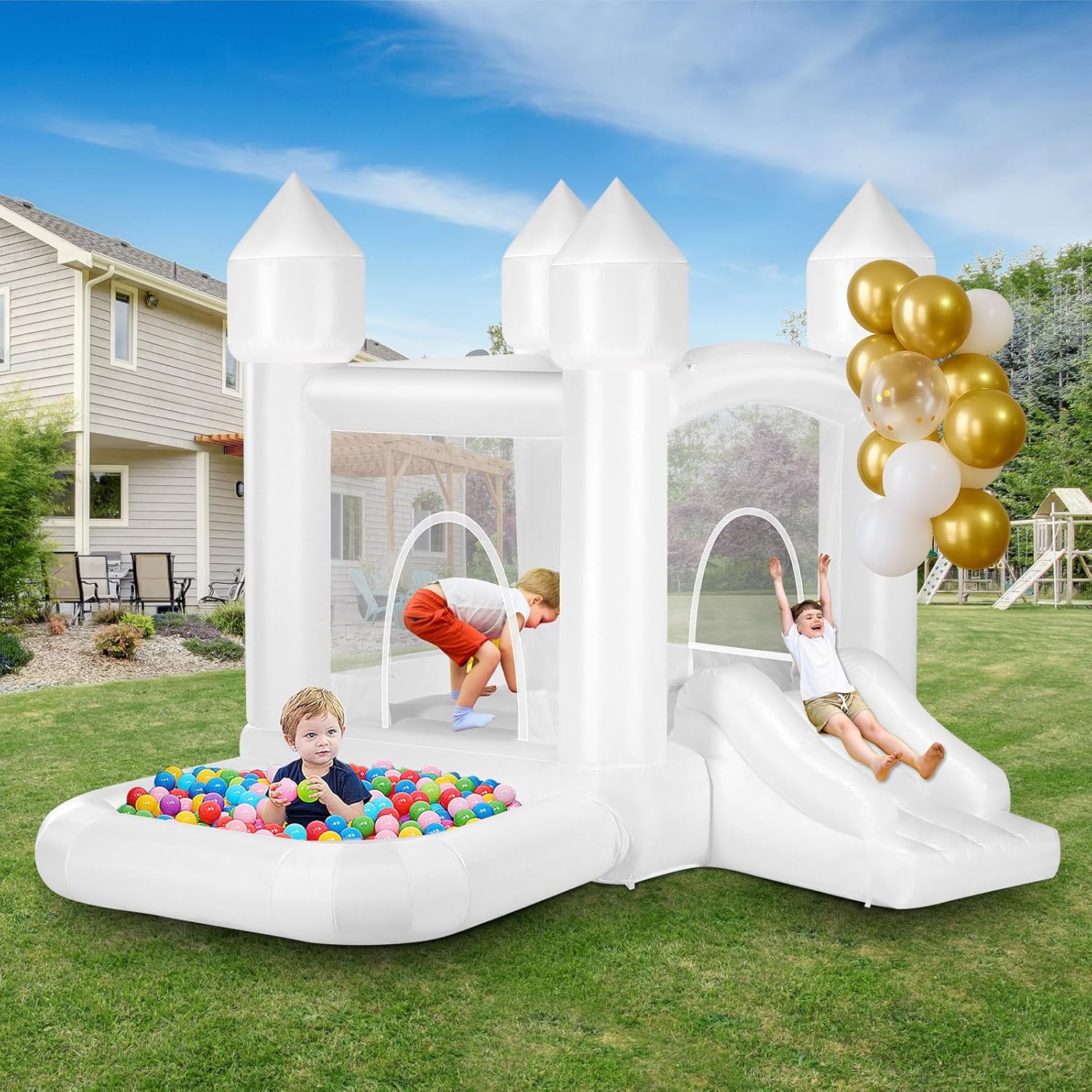 Kids Outdoor Jumping Castle - Kids White Bounce House with Ball