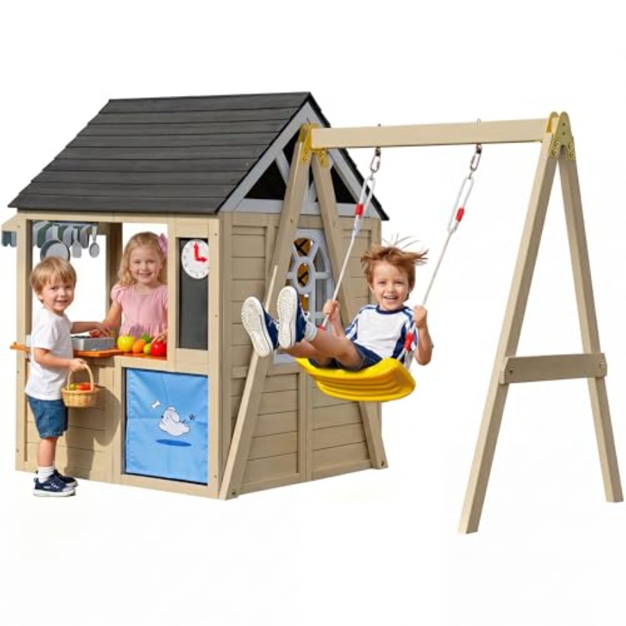 Kids Outdoor Wooden Playhouse - Outdoor wooden playhouse with swing set