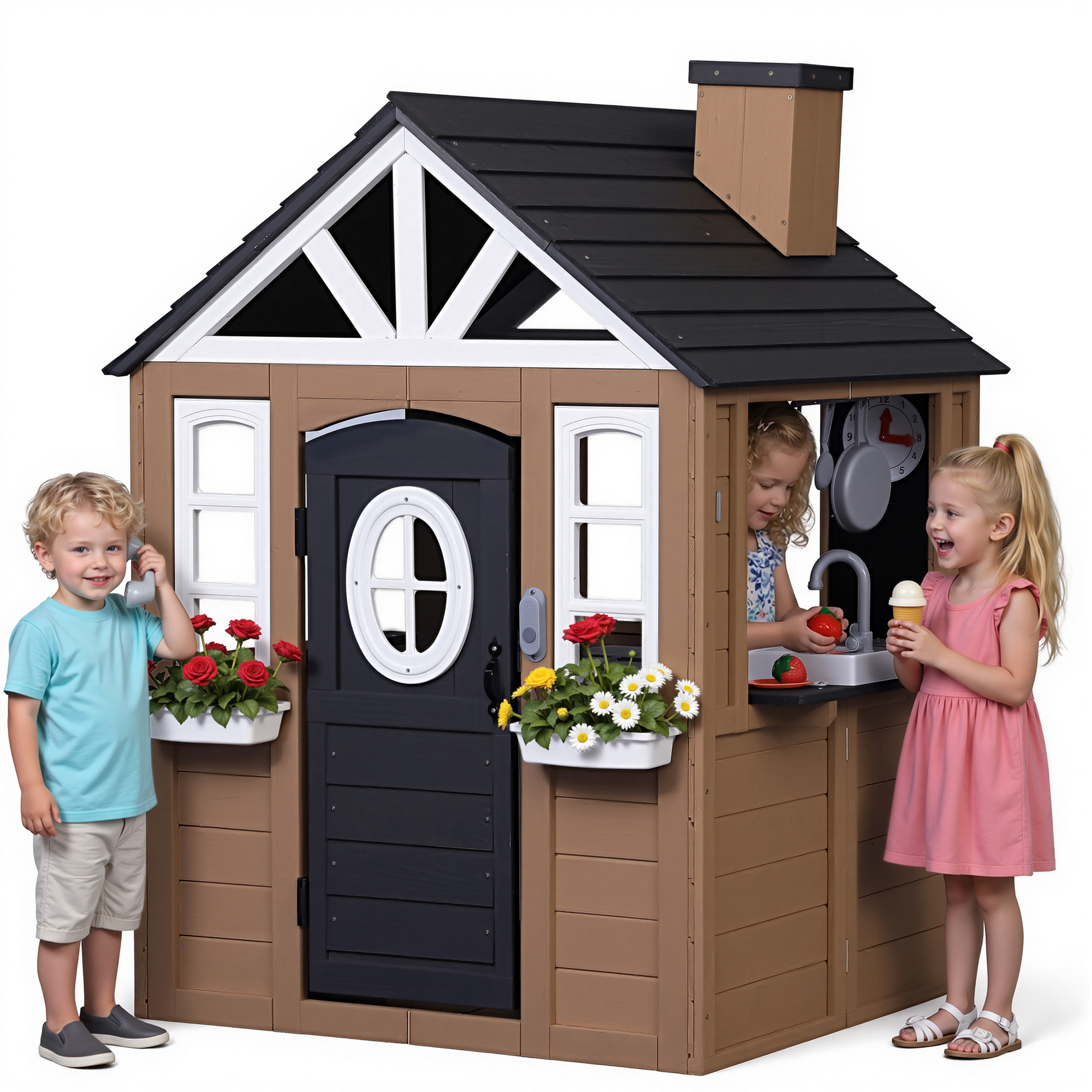 Kids Outdoor Sink - Kids Wooden Playhouse Outdoor Indoor Pretend