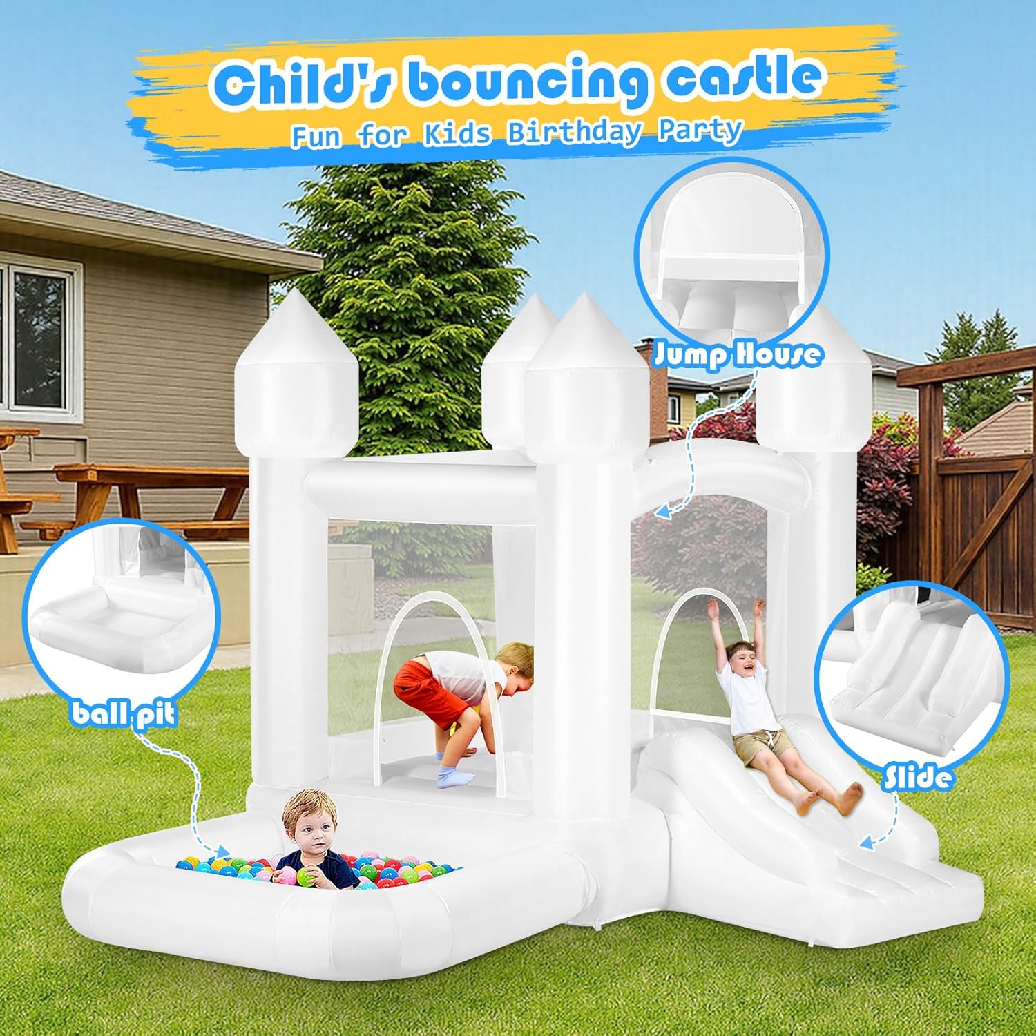 Kids White Bounce House with B - Kids Outdoor Jumping Castle avaliação e preço