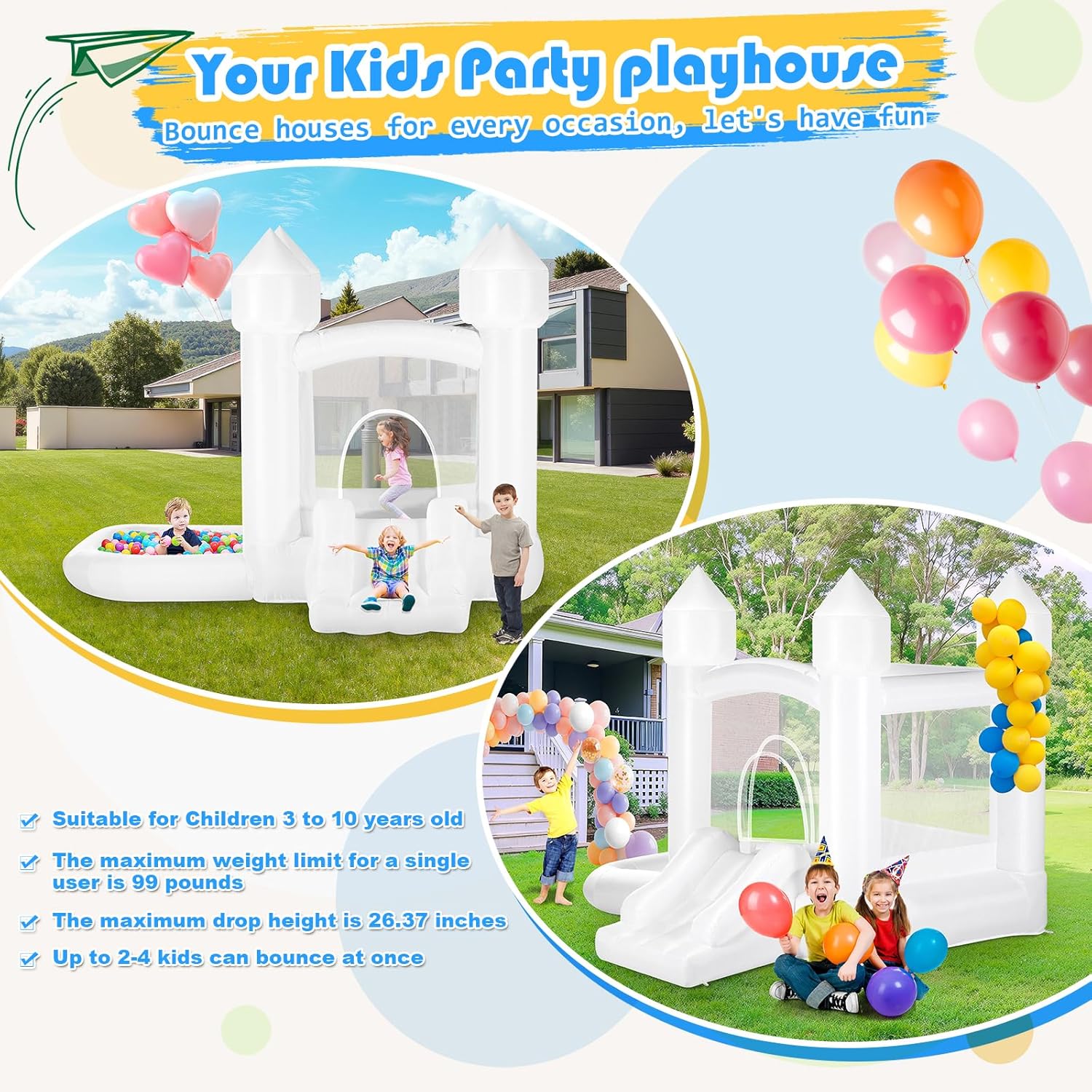 Kids White Bounce House with B - Kids Outdoor Jumping Castle avaliação e preço