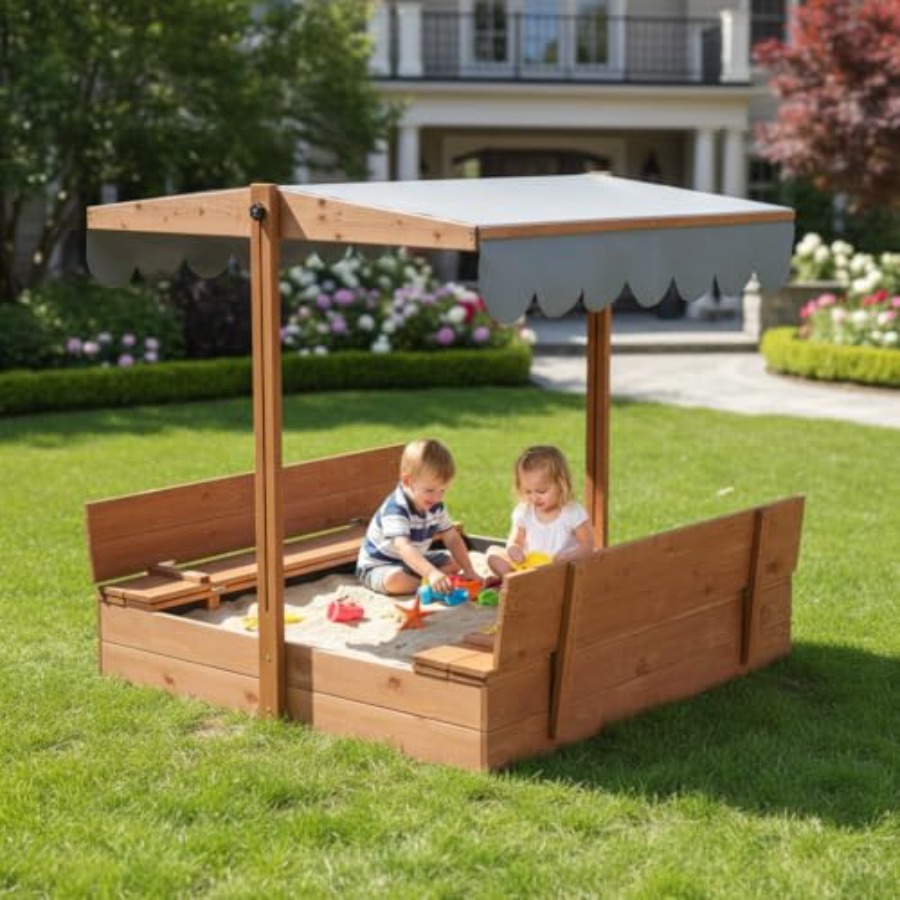 Outdoor wooden sandbox with li - Kids Outdoor Bench avaliação e preço