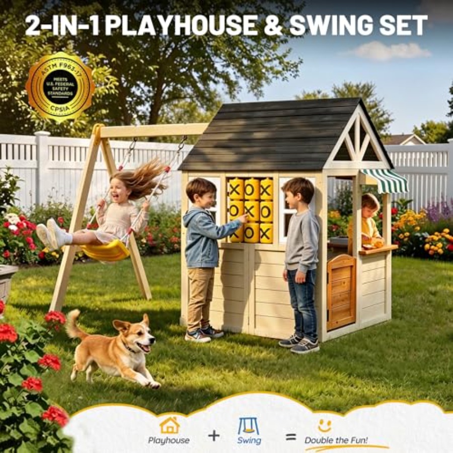 Outdoor wooden playhouse with  - Kids Outdoor Wooden Playhouse avaliação e preço