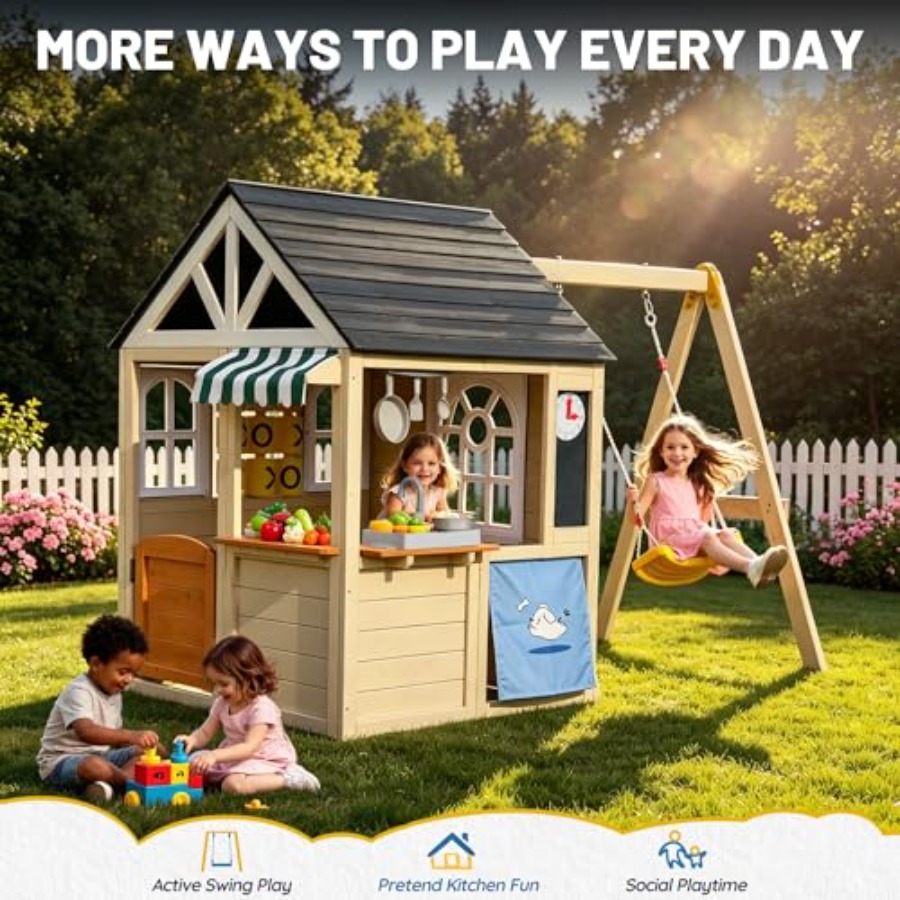 Outdoor wooden playhouse with  - Kids Outdoor Wooden Playhouse avaliação e preço