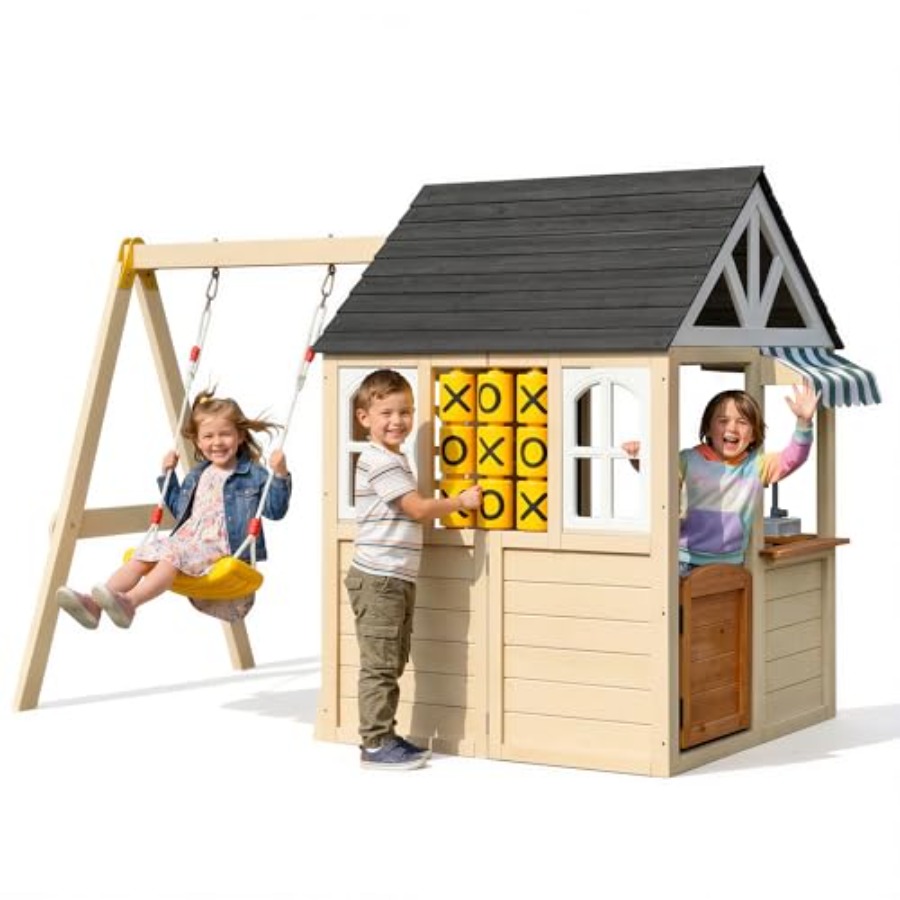 Outdoor wooden playhouse with  - Kids Outdoor Wooden Playhouse avaliação e preço