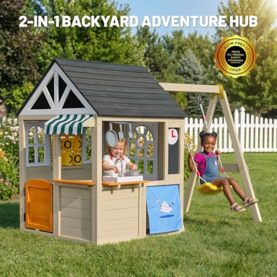 Outdoor wooden playhouse with  - Kids Outdoor Wooden Playhouse avaliação e preço