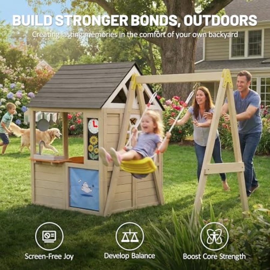 Outdoor wooden playhouse with  - Kids Outdoor Wooden Playhouse avaliação e preço