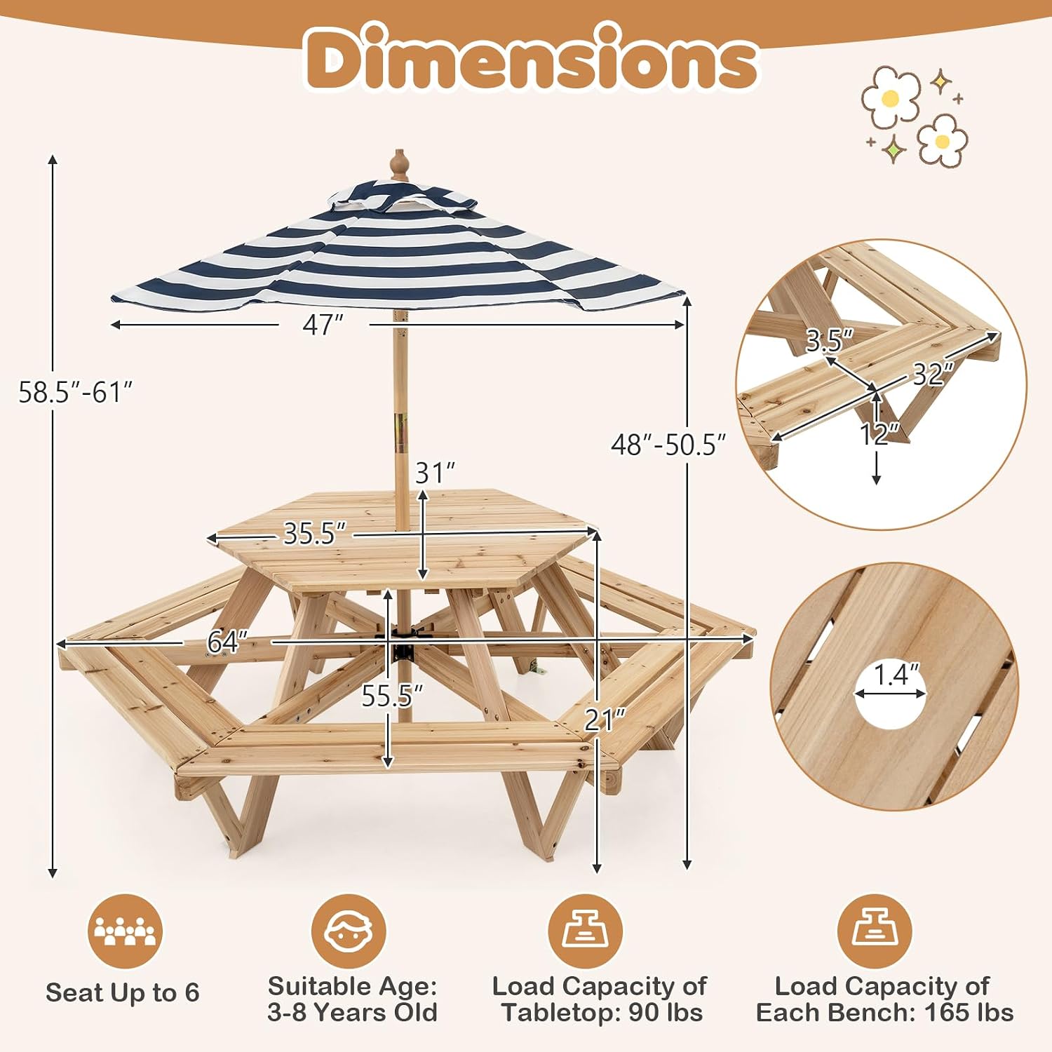 Kids Picnic Table, Hexagonal T - Kids Outdoor Bench avaliação e preço