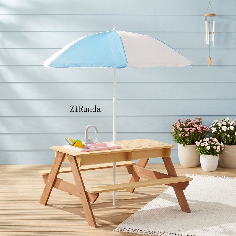 Wooden Kids Picnic Table, Sand - Kids Outdoor Table With Umbrella avaliação e preço