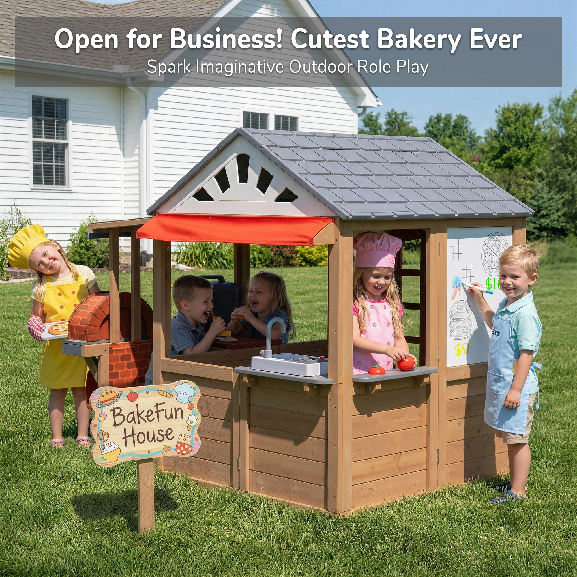 Kids Wooden Playhouse with BBQ - Kids Outdoor Sink avaliação e preço