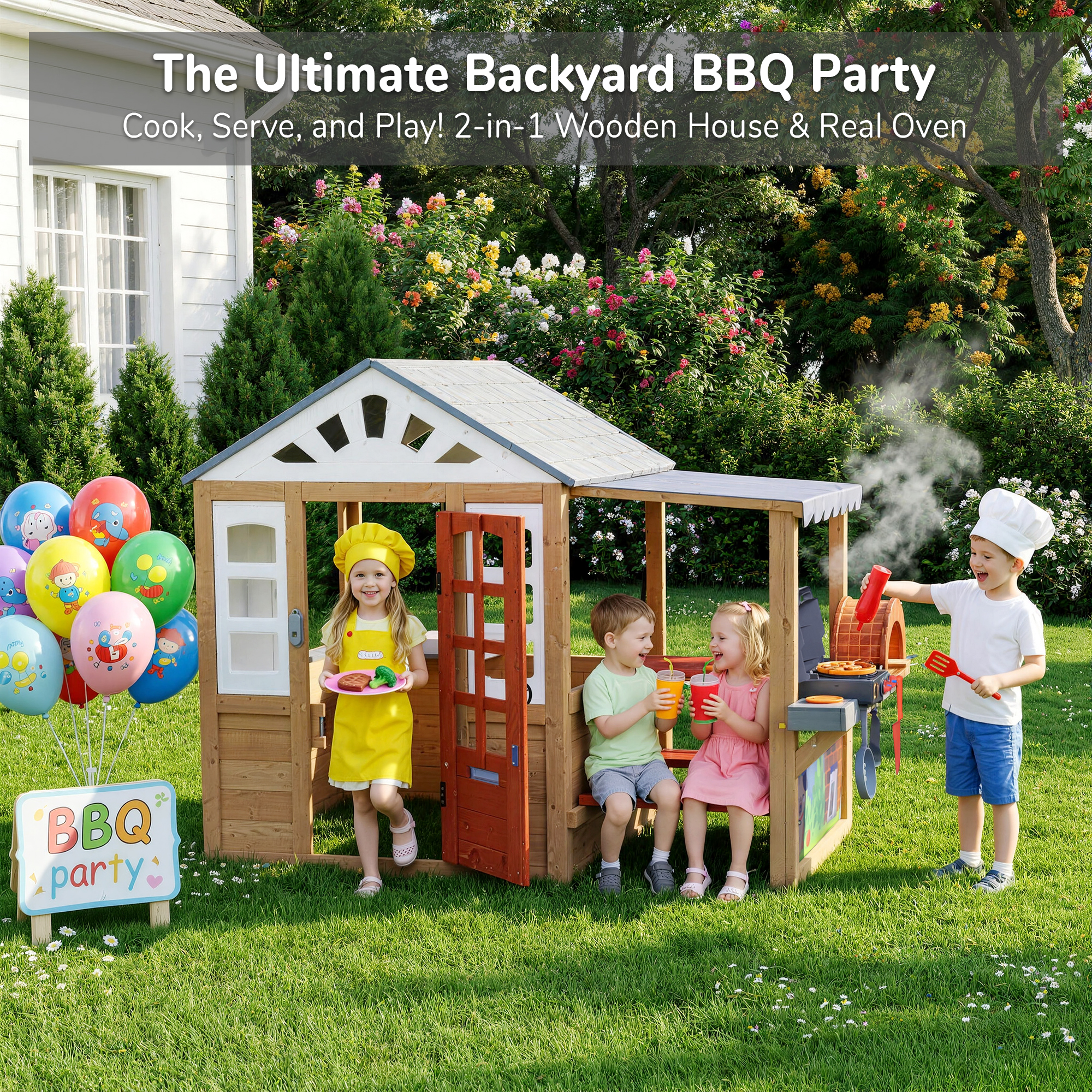 Kids Wooden Playhouse with BBQ - Kids Outdoor Sink avaliação e preço