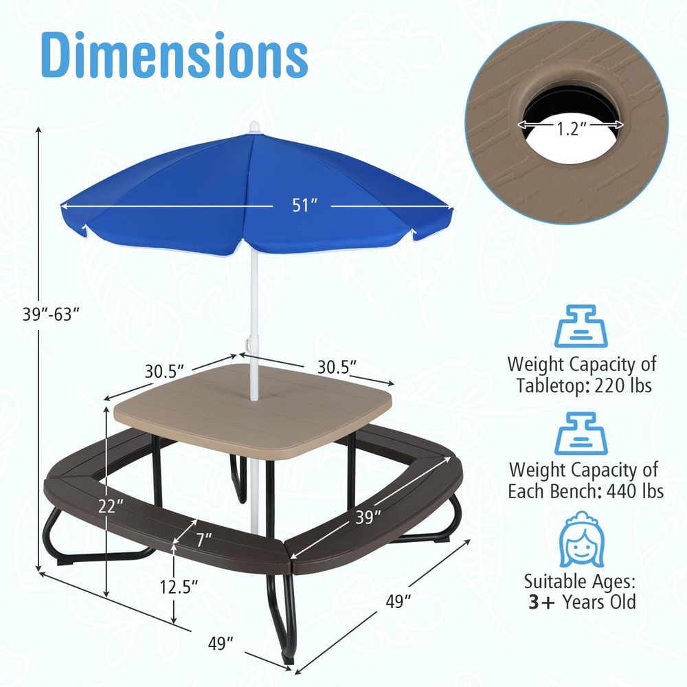 JOY Kids Picnic Table, 8 Perso - Kids Outdoor Table With Umbrella avaliação e preço