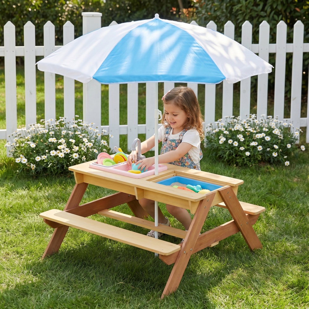 Wooden Kids Picnic Table, Sand - Kids Outdoor Table With Umbrella avaliação e preço