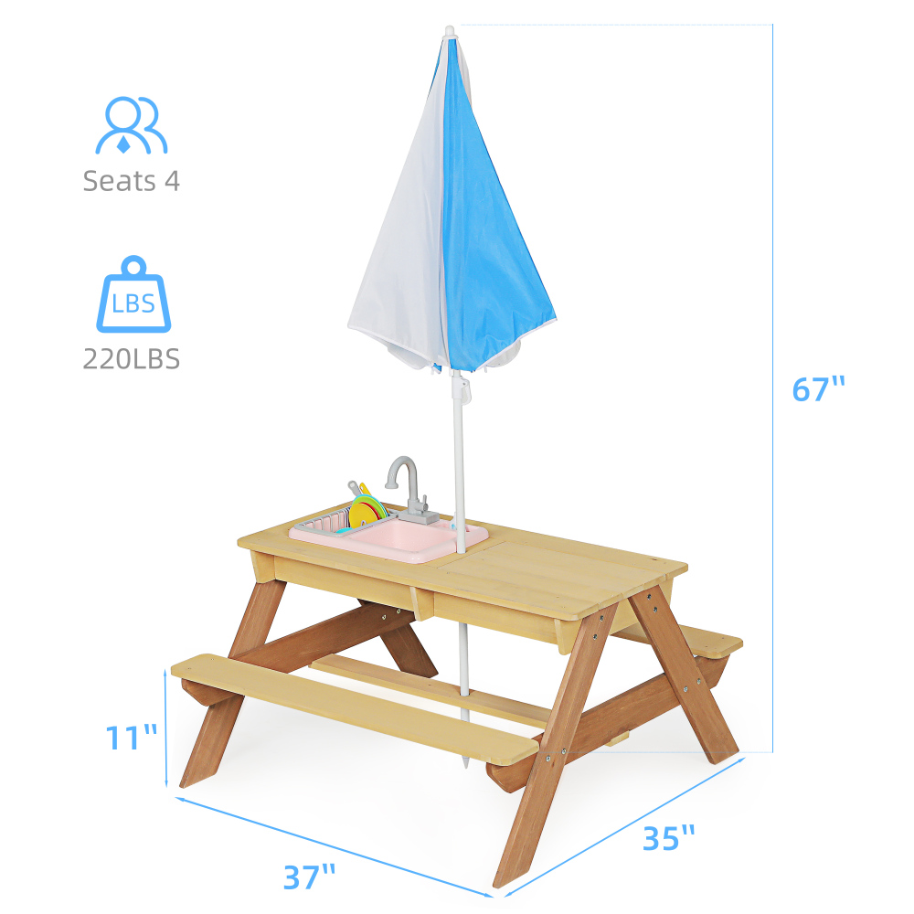 Wooden Kids Picnic Table, Sand - Kids Outdoor Table With Umbrella avaliação e preço