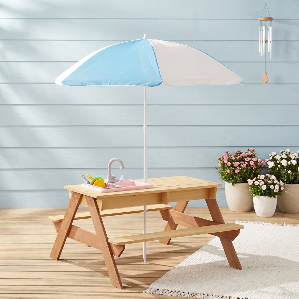 Wooden Kids Picnic Table, Sand - Kids Outdoor Table With Umbrella avaliação e preço