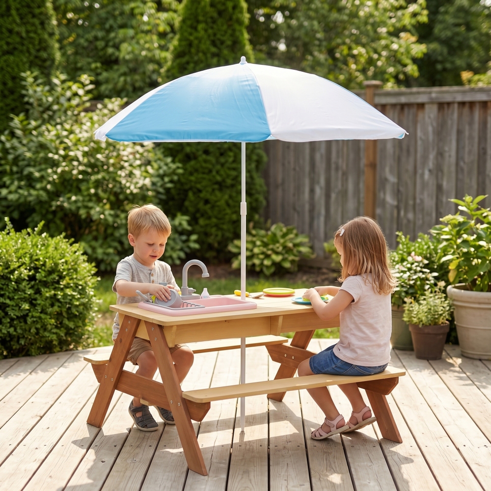 Wooden Kids Picnic Table, Sand - Kids Outdoor Table With Umbrella avaliação e preço
